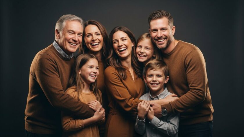 Dramatic, high-contrast studio portrait of a family laughing genuinely, bathed in warm, cinematic lighting, capturing an authentic, epic moment, showcasing Sebastopol bespoke studio portraits by Image by SD.