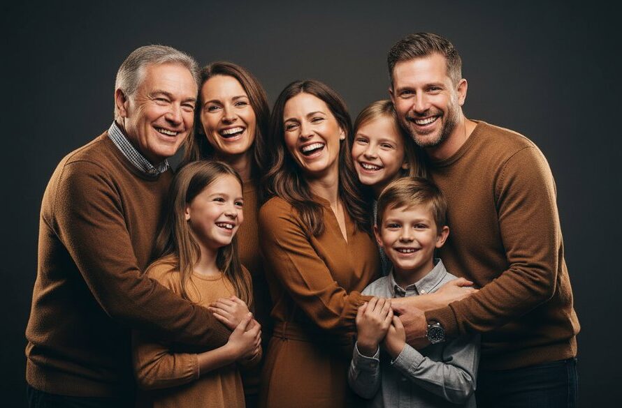Dramatic, high-contrast studio portrait of a family laughing genuinely, bathed in warm, cinematic lighting, capturing an authentic, epic moment, showcasing Sebastopol bespoke studio portraits by Image by SD.