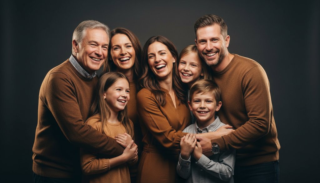Dramatic, high-contrast studio portrait of a family laughing genuinely, bathed in warm, cinematic lighting, capturing an authentic, epic moment, showcasing Sebastopol bespoke studio portraits by Image by SD.