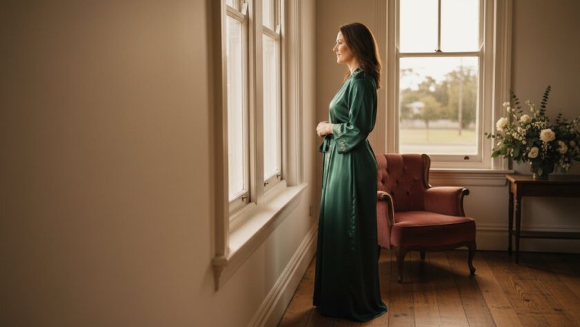 A stunning wide shot showing a confident woman gracefully posing in a sun-drenched, rustic-chic boudoir setting in Sebastopol, Victoria, captured during a Sebastopol boudoir photography for confident women session.