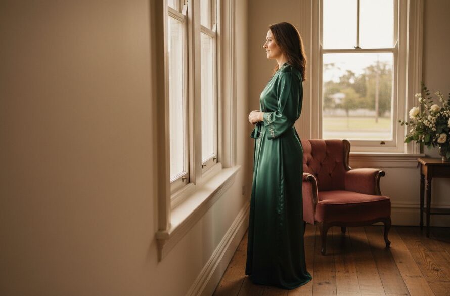A stunning wide shot showing a confident woman gracefully posing in a sun-drenched, rustic-chic boudoir setting in Sebastopol, Victoria, captured during a Sebastopol boudoir photography for confident women session.