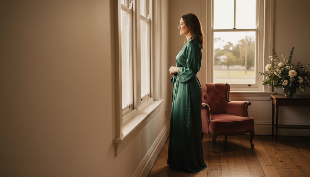 A stunning wide shot showing a confident woman gracefully posing in a sun-drenched, rustic-chic boudoir setting in Sebastopol, Victoria, captured during a Sebastopol boudoir photography for confident women session.