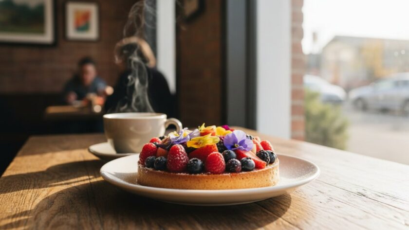 Dynamic close-up of a beautifully plated artisanal dessert from a Sebastopol cafe, steam rising, captured with professional Sebastopol cafe photography delectable dishes, dramatic cinematic lighting, rich colours, highlighting the texture and freshness, ready for an epic culinary journey.