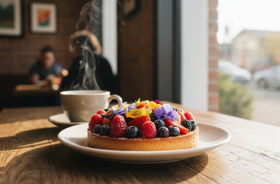 Dynamic close-up of a beautifully plated artisanal dessert from a Sebastopol cafe, steam rising, captured with professional Sebastopol cafe photography delectable dishes, dramatic cinematic lighting, rich colours, highlighting the texture and freshness, ready for an epic culinary journey.