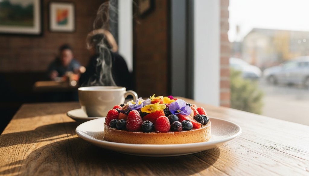 Dynamic close-up of a beautifully plated artisanal dessert from a Sebastopol cafe, steam rising, captured with professional Sebastopol cafe photography delectable dishes, dramatic cinematic lighting, rich colours, highlighting the texture and freshness, ready for an epic culinary journey.