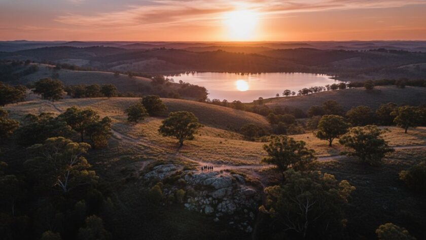 Breathtaking aerial view captured by Sebastopol drone photography for captivating aerial perspectives, showcasing a golden sunset over the serene Lake Wendouree in Sebastopol, Victoria. A small group of people are silhouetted on a lookout point, enjoying the dramatic warm light illuminating the water and surrounding landscape, professionally color-graded.