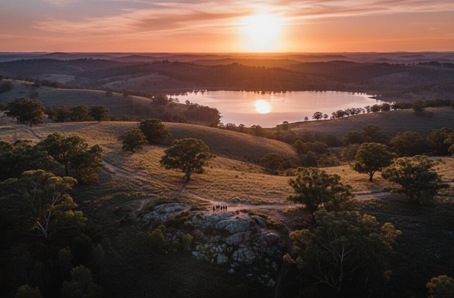 Breathtaking aerial view captured by Sebastopol drone photography for captivating aerial perspectives, showcasing a golden sunset over the serene Lake Wendouree in Sebastopol, Victoria. A small group of people are silhouetted on a lookout point, enjoying the dramatic warm light illuminating the water and surrounding landscape, professionally color-graded.