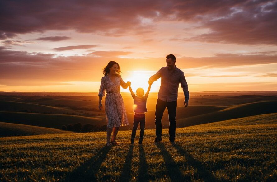 An epic moment of a Sebastopol family photography capturing genuine moments, with parents laughing while swinging their young child against a golden hour sunset over the rolling hills of Sebastopol, Victoria. Professional, cinematic style.