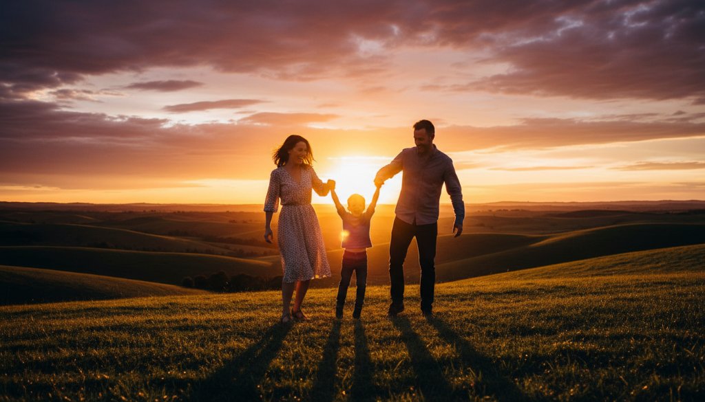 An epic moment of a Sebastopol family photography capturing genuine moments, with parents laughing while swinging their young child against a golden hour sunset over the rolling hills of Sebastopol, Victoria. Professional, cinematic style.
