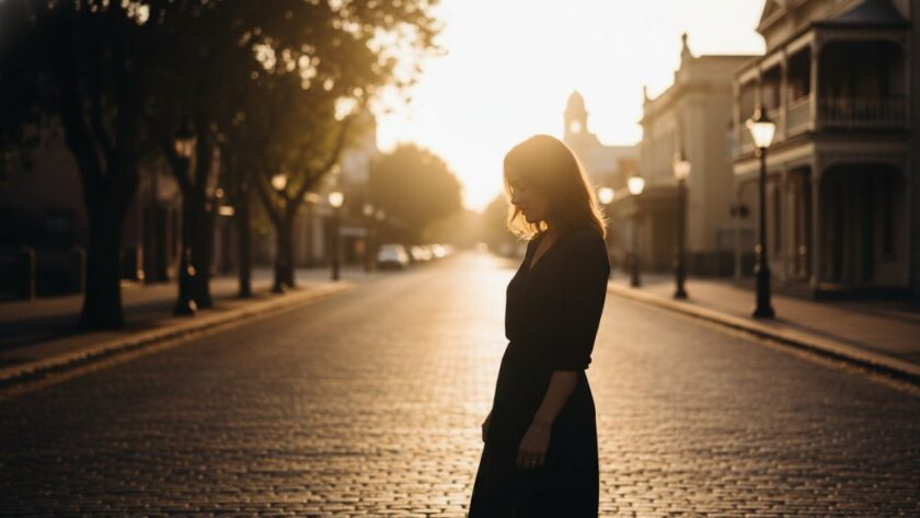 A captivating Sebastopol Fine Art Portrait Photography Victoria image, showcasing a person silhouetted against a dramatic sunset over a historic Sebastopol street, evoking a timeless and emotional epic moment.