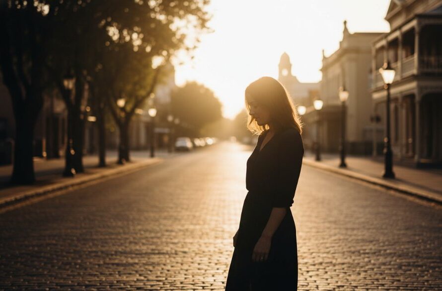 A captivating Sebastopol Fine Art Portrait Photography Victoria image, showcasing a person silhouetted against a dramatic sunset over a historic Sebastopol street, evoking a timeless and emotional epic moment.