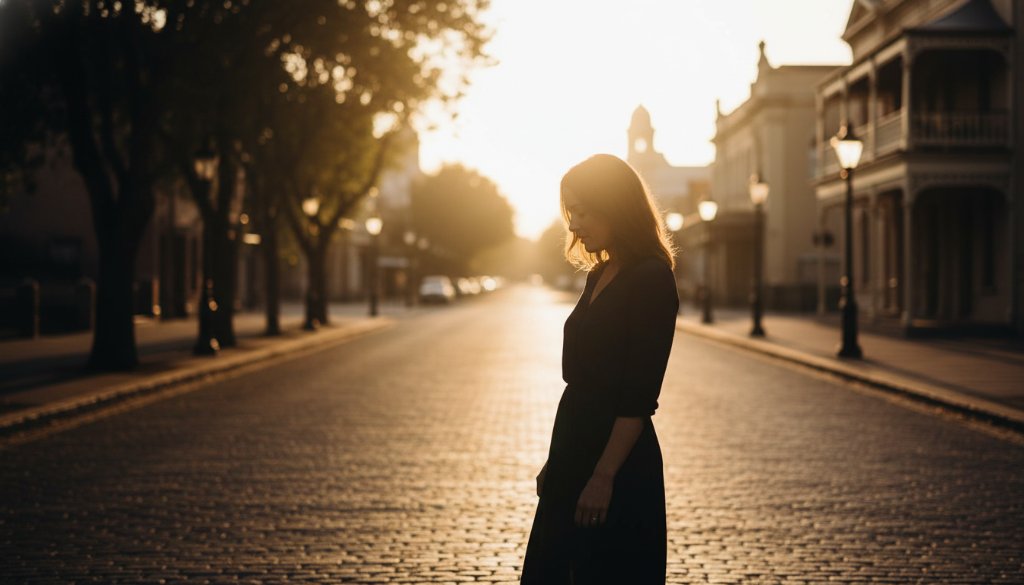 A captivating Sebastopol Fine Art Portrait Photography Victoria image, showcasing a person silhouetted against a dramatic sunset over a historic Sebastopol street, evoking a timeless and emotional epic moment.