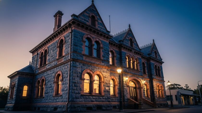 Dramatic wide-angle shot of a grand, historic bluestone building in Sebastopol, showcasing its intricate Victorian-era details under a twilight sky, perfectly capturing the essence of Sebastopol heritage architecture photography Victoria with dynamic shadows and golden hour light.