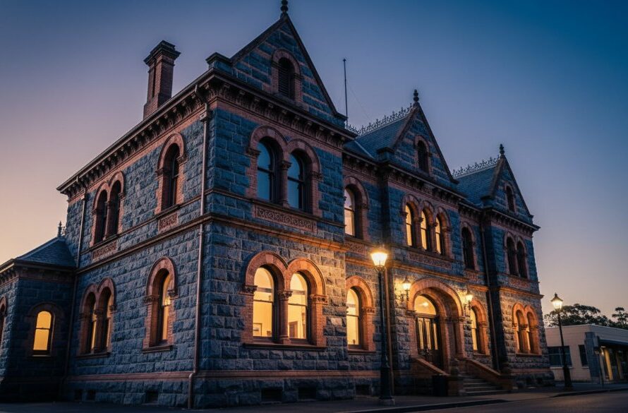 Dramatic wide-angle shot of a grand, historic bluestone building in Sebastopol, showcasing its intricate Victorian-era details under a twilight sky, perfectly capturing the essence of Sebastopol heritage architecture photography Victoria with dynamic shadows and golden hour light.
