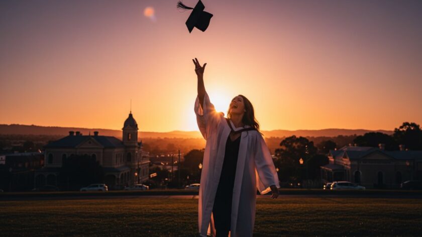 A triumphant Sebastopol high school graduate, cap mid-air, silhouetted against a golden sunset over Sebastopol's historic buildings, celebrating with genuine joy in an epic moment captured by professional graduation photography excellence.