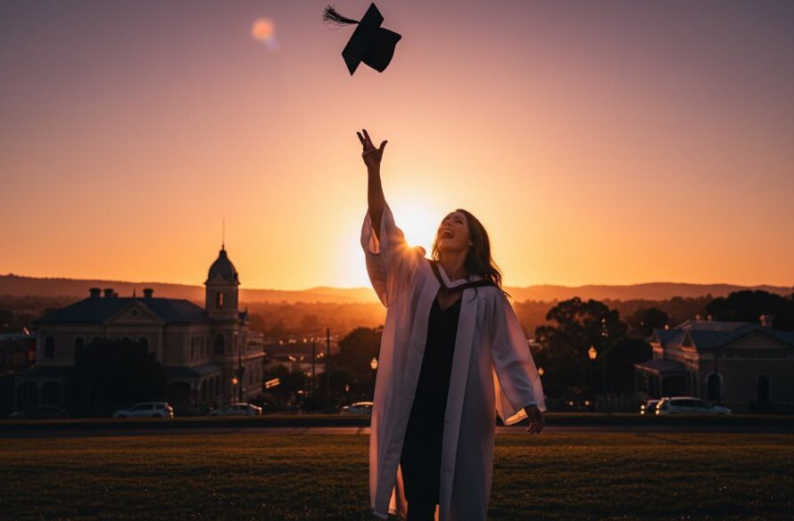 A triumphant Sebastopol high school graduate, cap mid-air, silhouetted against a golden sunset over Sebastopol's historic buildings, celebrating with genuine joy in an epic moment captured by professional graduation photography excellence.