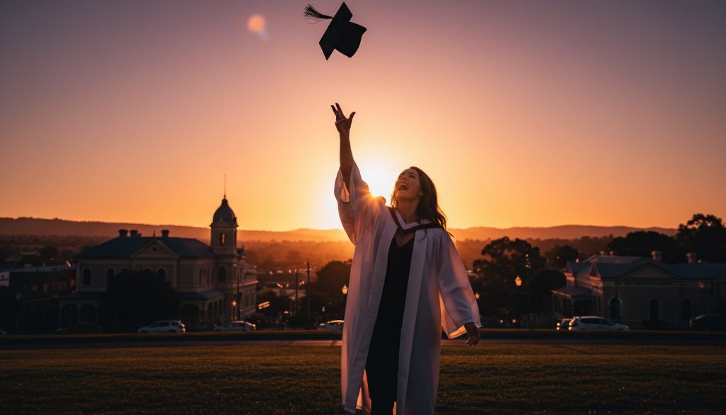 A triumphant Sebastopol high school graduate, cap mid-air, silhouetted against a golden sunset over Sebastopol's historic buildings, celebrating with genuine joy in an epic moment captured by professional graduation photography excellence.