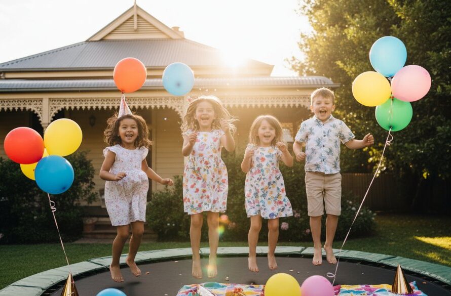 An epic moment of pure candid joy at a Sebastopol kids party photography session, featuring children laughing and playing under colourful decorations, professionally lit and color-graded.