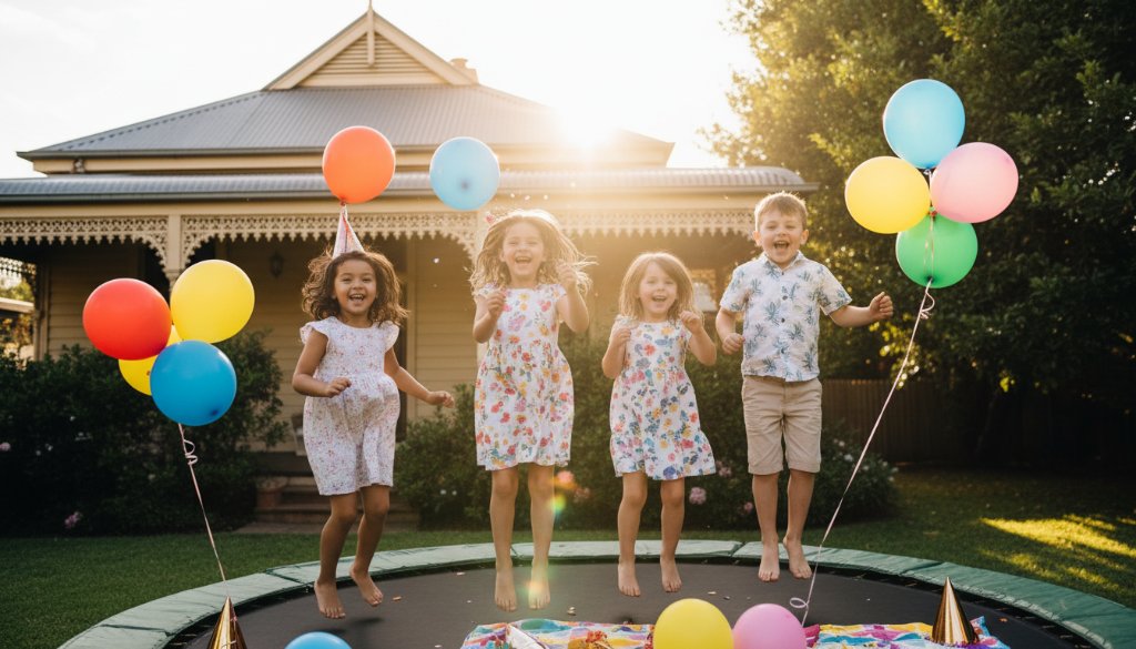 An epic moment of pure candid joy at a Sebastopol kids party photography session, featuring children laughing and playing under colourful decorations, professionally lit and color-graded.