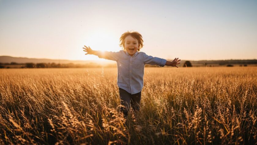 An epic moment captured in Sebastopol kids photography authentic family moments: A young child with wide eyes and a joyous laugh, mid-jump, surrounded by golden afternoon light in a field near Lake Wendouree, professional photography, cinematic, vibrant colours, bokeh.