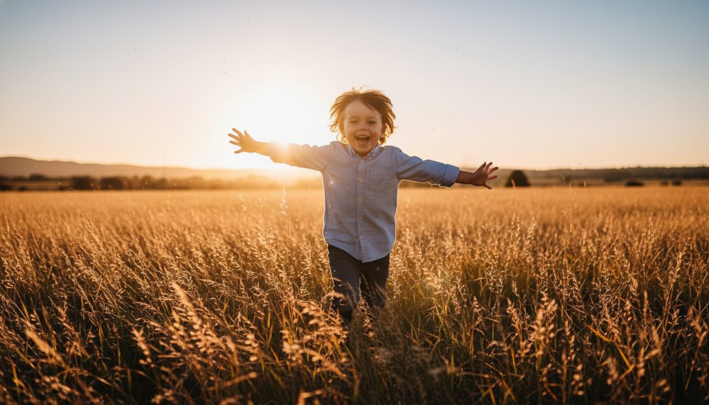 An epic moment captured in Sebastopol kids photography authentic family moments: A young child with wide eyes and a joyous laugh, mid-jump, surrounded by golden afternoon light in a field near Lake Wendouree, professional photography, cinematic, vibrant colours, bokeh.