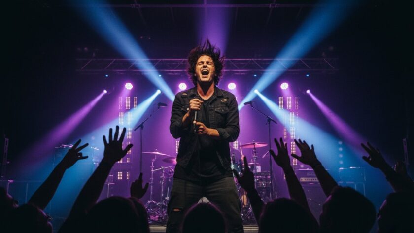 Dynamic shot from Sebastopol live music photography services Victoria, capturing a lead guitarist mid-solo on stage under dramatic spotlights, with a blurred, energetic crowd in the foreground and sparkling stage lights. This epic moment showcases the raw energy of a concert.