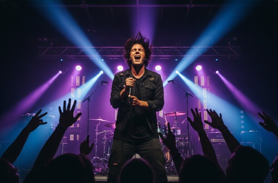 Dynamic shot from Sebastopol live music photography services Victoria, capturing a lead guitarist mid-solo on stage under dramatic spotlights, with a blurred, energetic crowd in the foreground and sparkling stage lights. This epic moment showcases the raw energy of a concert.