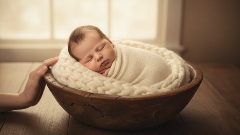 A professional, warm-toned photograph capturing a serene newborn baby wrapped in a soft blanket, gently held in a parent's hands, with natural light streaming through a window, evoking the peaceful spirit of Sebastopol newborn photography Victoria artistic family portraits.