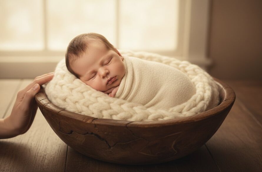 A professional, warm-toned photograph capturing a serene newborn baby wrapped in a soft blanket, gently held in a parent's hands, with natural light streaming through a window, evoking the peaceful spirit of Sebastopol newborn photography Victoria artistic family portraits.