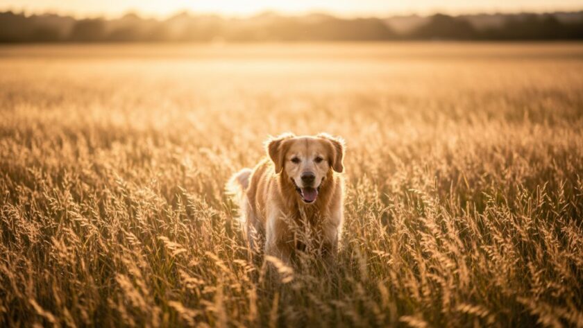 An emotionally resonant, wide-angle professional photograph of a golden retriever joyfully leaping through a field of golden grass at sunset near Lake Wendouree, Sebastopol, its fur illuminated by dramatic golden hour light, capturing Sebastopol pet photography capturing cherished moments with a sense of freedom and happiness. The dog is in mid-air, a blurred background hinting at motion, with warm, cinematic colour grading.