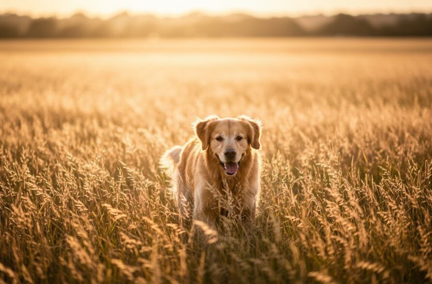 An emotionally resonant, wide-angle professional photograph of a golden retriever joyfully leaping through a field of golden grass at sunset near Lake Wendouree, Sebastopol, its fur illuminated by dramatic golden hour light, capturing Sebastopol pet photography capturing cherished moments with a sense of freedom and happiness. The dog is in mid-air, a blurred background hinting at motion, with warm, cinematic colour grading.