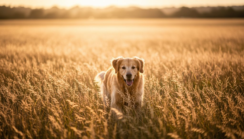 An emotionally resonant, wide-angle professional photograph of a golden retriever joyfully leaping through a field of golden grass at sunset near Lake Wendouree, Sebastopol, its fur illuminated by dramatic golden hour light, capturing Sebastopol pet photography capturing cherished moments with a sense of freedom and happiness. The dog is in mid-air, a blurred background hinting at motion, with warm, cinematic colour grading.