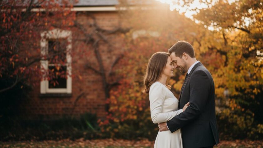 An epic, professionally color-graded photograph capturing a couple embracing amidst the golden hour glow in Sebastopol, showcasing a romantic pre-wedding photography experience, with the historic Sebastopol Town Hall in the softly blurred background.