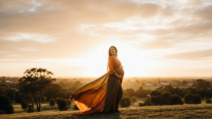 An awe-inspiring image from a Sebastopol Victoria maternity photoshoot capturing glowing mum-to-be standing gracefully against a dramatic, sunset-lit landscape, her silhouette framed by golden light, evoking peace and strength.