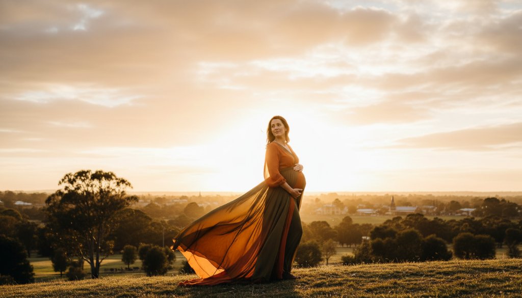 An awe-inspiring image from a Sebastopol Victoria maternity photoshoot capturing glowing mum-to-be standing gracefully against a dramatic, sunset-lit landscape, her silhouette framed by golden light, evoking peace and strength.