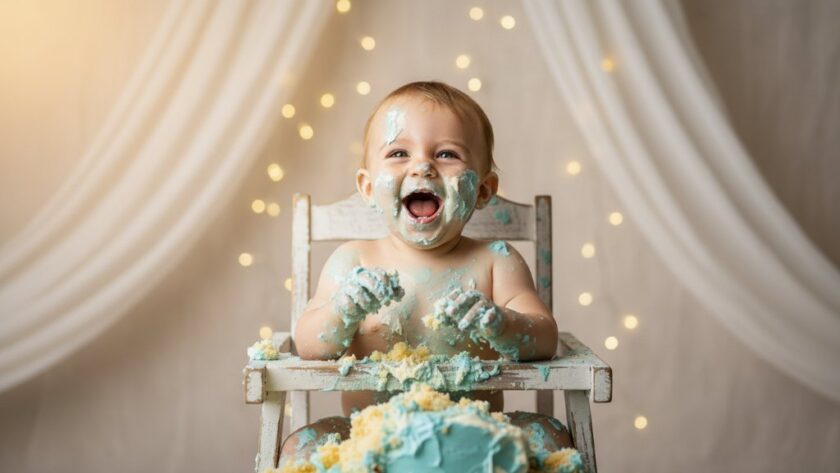 An epic moment from a Sebastopol Victorian Cake Smash Photography First Birthday Joy session, featuring a joyous baby covered in cake, laughing amidst a whimsical, pastel-themed setup with dramatic rim lighting, capturing pure, unadulterated happiness.