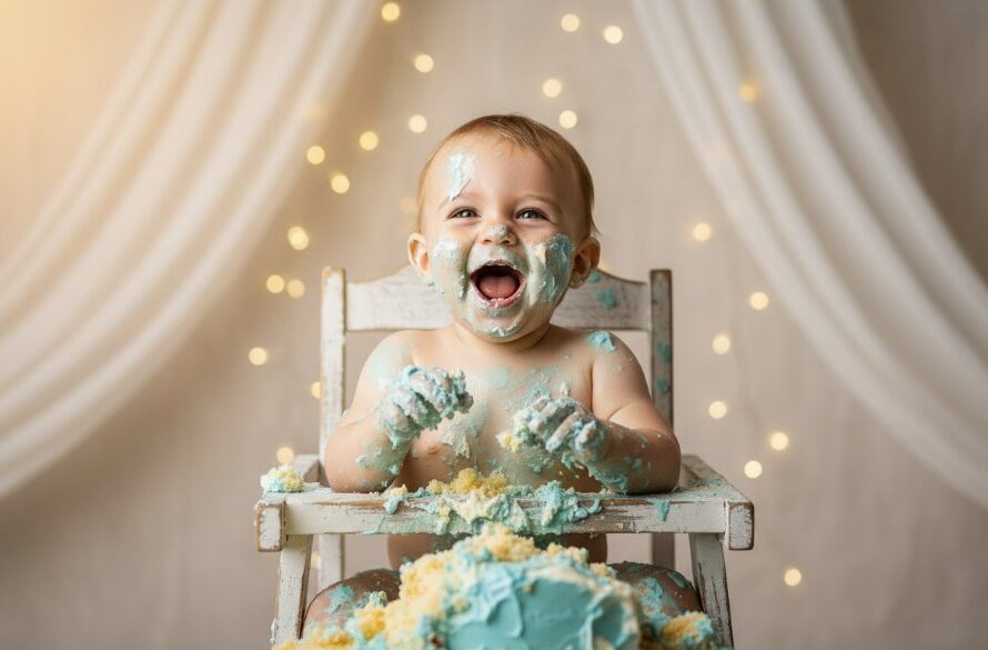 An epic moment from a Sebastopol Victorian Cake Smash Photography First Birthday Joy session, featuring a joyous baby covered in cake, laughing amidst a whimsical, pastel-themed setup with dramatic rim lighting, capturing pure, unadulterated happiness.