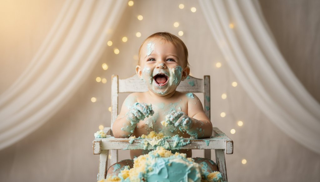 An epic moment from a Sebastopol Victorian Cake Smash Photography First Birthday Joy session, featuring a joyous baby covered in cake, laughing amidst a whimsical, pastel-themed setup with dramatic rim lighting, capturing pure, unadulterated happiness.