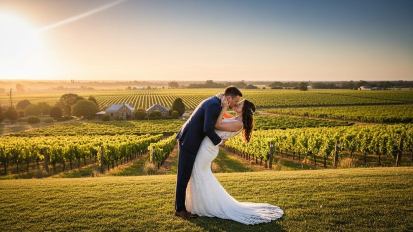 A newly married couple, seen from behind, embracing amidst the golden afternoon light in a picturesque Sebastopol vineyard, showcasing Sebastopol wedding photography unique storytelling with dramatic lens flare and warm, cinematic tones.
