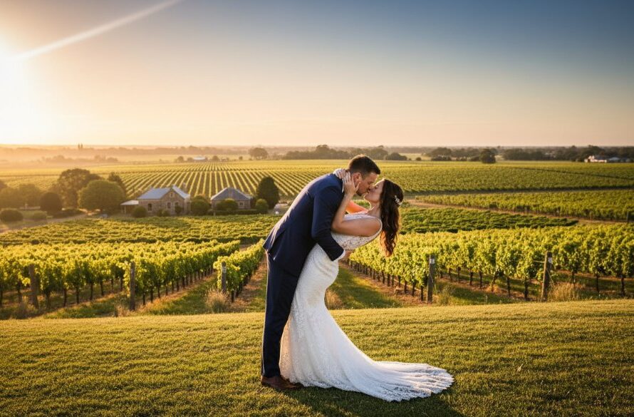 A newly married couple, seen from behind, embracing amidst the golden afternoon light in a picturesque Sebastopol vineyard, showcasing Sebastopol wedding photography unique storytelling with dramatic lens flare and warm, cinematic tones.