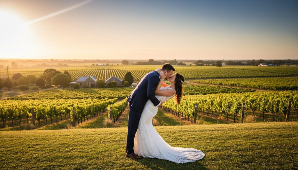 A newly married couple, seen from behind, embracing amidst the golden afternoon light in a picturesque Sebastopol vineyard, showcasing Sebastopol wedding photography unique storytelling with dramatic lens flare and warm, cinematic tones.