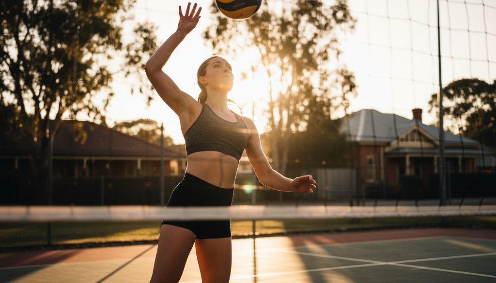 A dynamic, low-angle shot of a young athlete mid-air, scoring a goal during a netball game at a Sebastopol local sports ground, dramatically lit by golden hour sun, epitomising Sebastopol Youth Sports Action Photography.