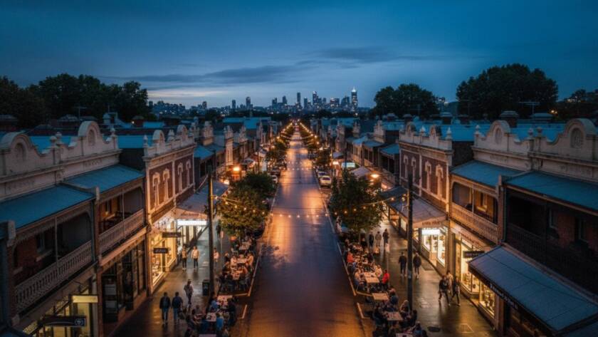 A breathtaking high-angle drone shot capturing the vibrant atmosphere of Seddon village at twilight, illustrating Seddon drone photography for stunning inner-west perspectives. The image features a bustling street scene with glowing shopfronts, historic Victorian terraces, and residents enjoying an evening stroll, all bathed in the warm, dramatic glow of professional cinematic lighting.