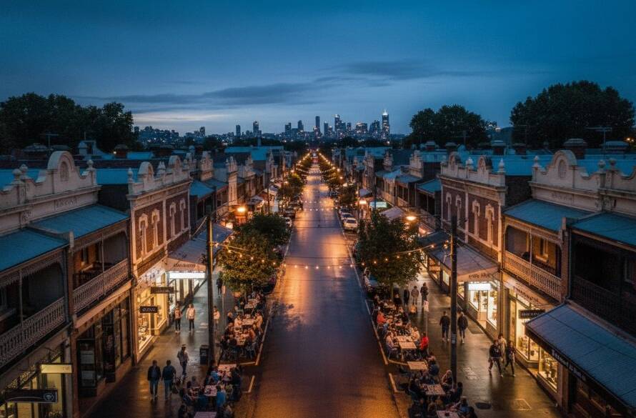A breathtaking high-angle drone shot capturing the vibrant atmosphere of Seddon village at twilight, illustrating Seddon drone photography for stunning inner-west perspectives. The image features a bustling street scene with glowing shopfronts, historic Victorian terraces, and residents enjoying an evening stroll, all bathed in the warm, dramatic glow of professional cinematic lighting.
