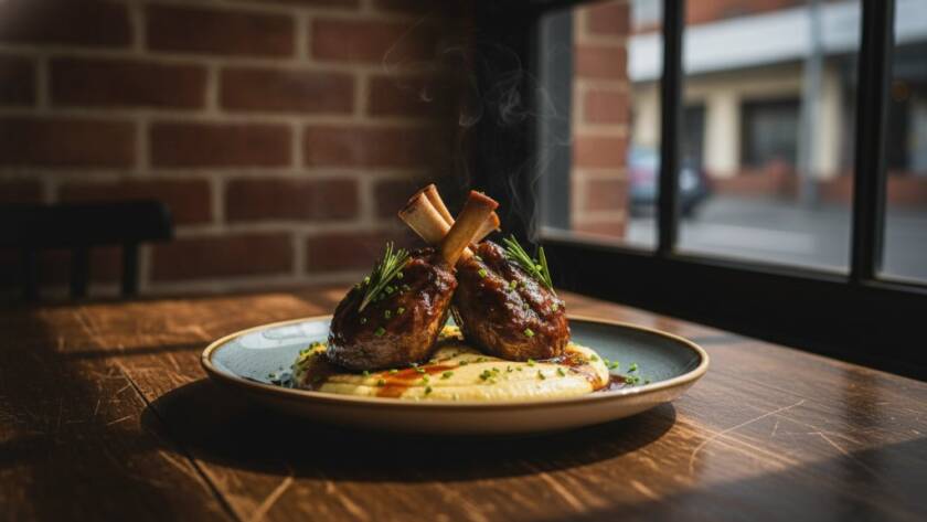 Dramatic close-up of a perfectly plated, steaming gourmet dish, perhaps a vibrant pasta or a deconstructed pavlova, artfully presented on a rustic wooden table in a chic Seddon restaurant, bathed in soft, warm side lighting, highlighting textures and colours. This stunning image exemplifies professional Seddon food photography Victoria for local eateries, capturing the dish's culinary soul and inviting diners to savour the flavour.