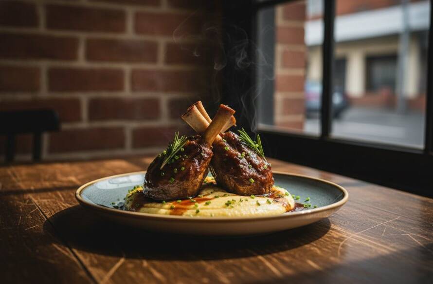 Dramatic close-up of a perfectly plated, steaming gourmet dish, perhaps a vibrant pasta or a deconstructed pavlova, artfully presented on a rustic wooden table in a chic Seddon restaurant, bathed in soft, warm side lighting, highlighting textures and colours. This stunning image exemplifies professional Seddon food photography Victoria for local eateries, capturing the dish's culinary soul and inviting diners to savour the flavour.