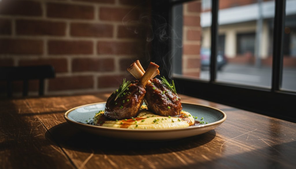 Dramatic close-up of a perfectly plated, steaming gourmet dish, perhaps a vibrant pasta or a deconstructed pavlova, artfully presented on a rustic wooden table in a chic Seddon restaurant, bathed in soft, warm side lighting, highlighting textures and colours. This stunning image exemplifies professional Seddon food photography Victoria for local eateries, capturing the dish's culinary soul and inviting diners to savour the flavour.