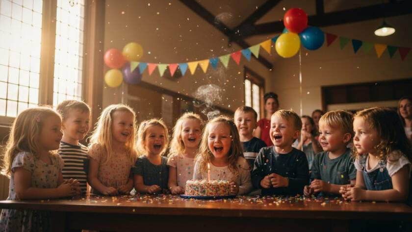 A vibrant and energetic Seddon kids birthday party photographer capturing joy as children laugh and play under string lights at a community hall, with one child blowing out candles on a colourful cake, creating an epic moment of pure happiness.