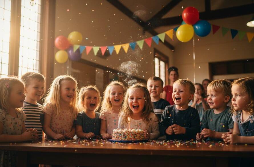 A vibrant and energetic Seddon kids birthday party photographer capturing joy as children laugh and play under string lights at a community hall, with one child blowing out candles on a colourful cake, creating an epic moment of pure happiness.