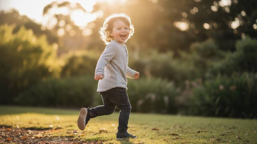 An epic, sun-drenched photograph capturing a child's authentic joy during a Seddon kids photography authentic moments session, running freely in a beautiful park with dramatic backlighting and vibrant colours.